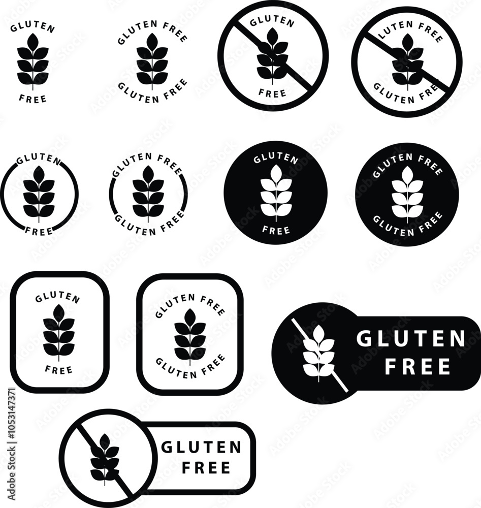 Obraz premium Set of Gluten free label. Gluten free icon. Gluten free signs for food packaging labels. No gluten emblem for product. Gluten free sticker. flat style.