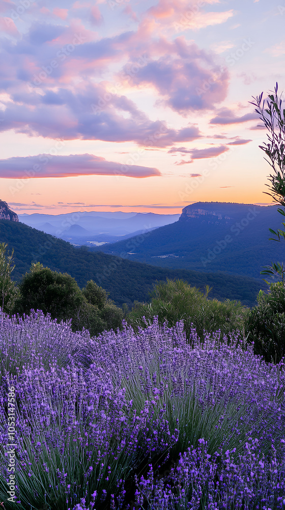 Obraz premium Create a calm mountain range with wild lavender and soft pink dawn skies