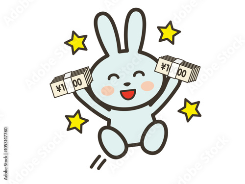 大金を手にして大喜びで飛び跳ねるかわいいうさぎさんのイラスト