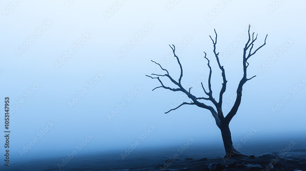 A solitary, bare tree stands against a misty blue backdrop, evoking a sense of tranquility and introspection in nature. A solitary, bare tree stands against a misty blue backdrop, evoking a sense of tranquility and introspection in nature.