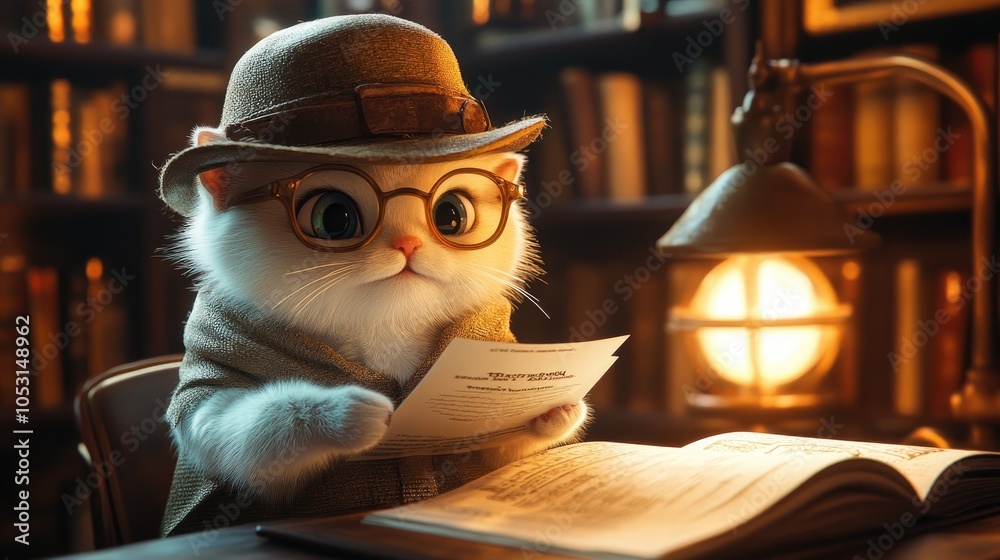 A cute cat in a detective hat and glasses sits at a table in a library, reading a document. A cute cat in a detective hat and glasses sits at a table in a library, reading a document.
