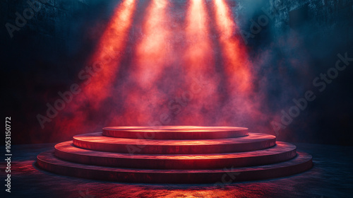 A high-tech circular stage with layered platforms, ideal for concert promotions, theatrical productions, or corporate events. Perfect for showcasing talent under dramatic lighting. photo