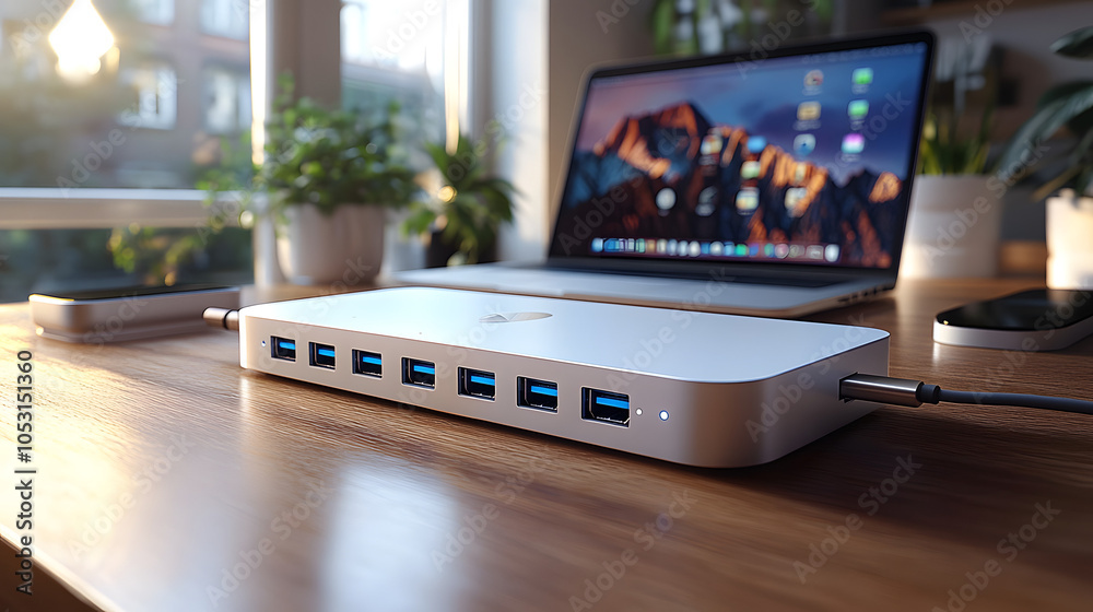 USB-C Hub with Multiple Devices Connected, Shown on a Wooden Desk with a Sleek Laptop in the Background
USB-C Hub with Multiple Devices Connected, Shown on a Wooden Desk with a Sleek Laptop in the Background