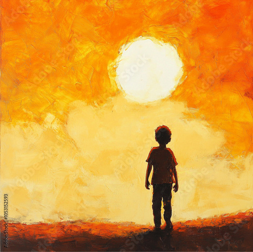 In the setting sun, the boy is walking facing up