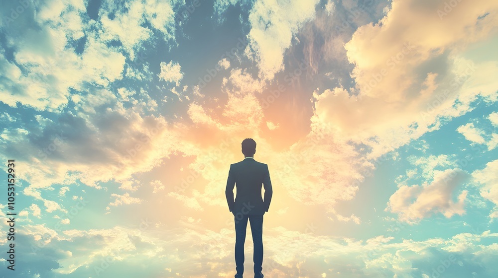 Wide view image of businessman standing under majestic sky. Wide view image of businessman standing under majestic sky.