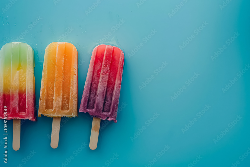 Row of colorful popsicles are lined up on a blue background. Row of colorful popsicles are lined up on a blue background.