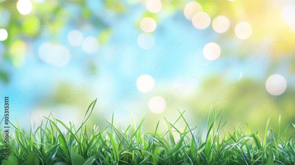 Fototapeta premium World Environment Day concept with green grass and blue sky, bokeh effects representing environmental consciousness. Nature