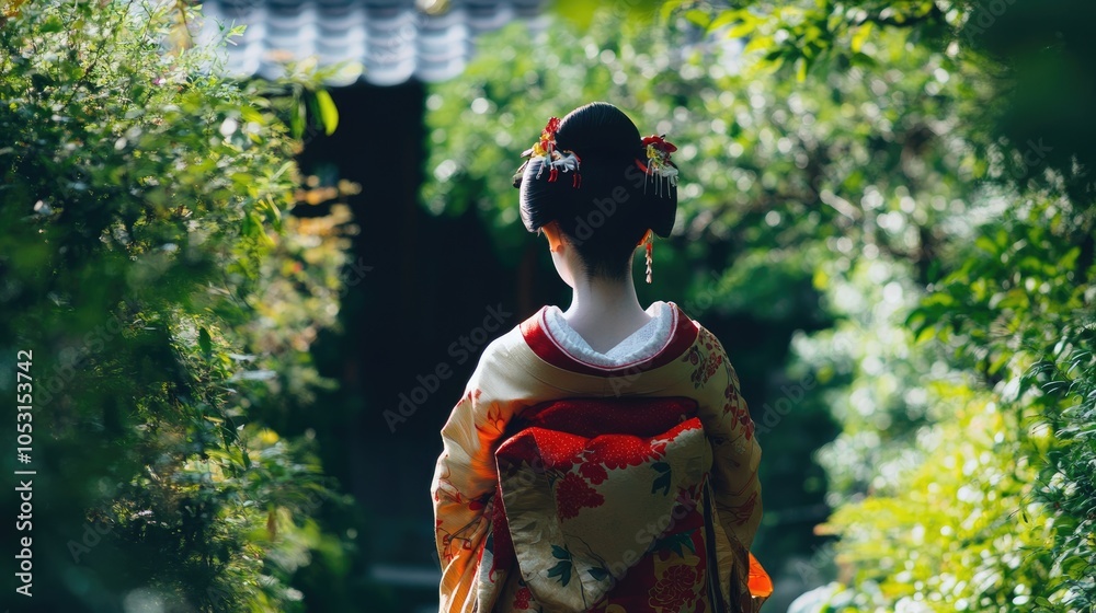A Woman in Traditional Japanese Attire in a Garden A Woman in Traditional Japanese Attire in a Garden