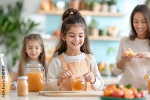 A joyful girl prepares fresh juice with her family in a bright kitchen, showcasing the fun of cooking and healthy living.