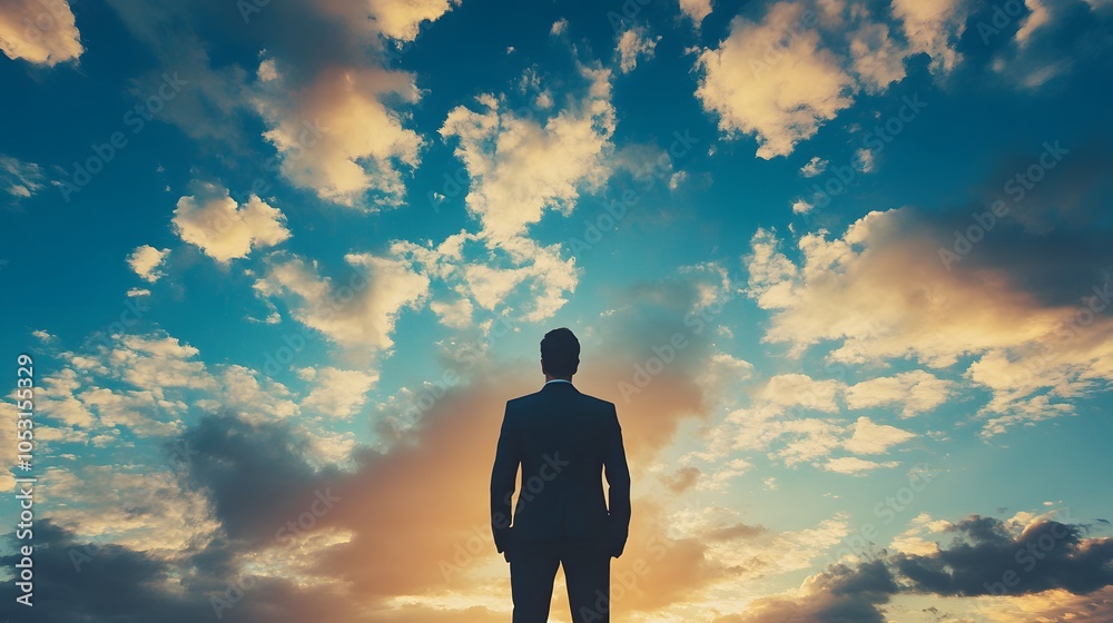 Wide view image of businessman standing under majestic sky. Wide view image of businessman standing under majestic sky.