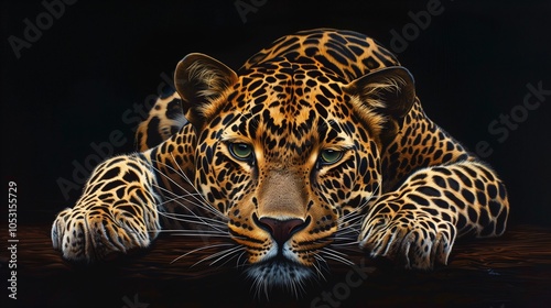 Ein liegender Leopard isoliert vor schwarzem Hintergrund, Schönes und intensives Leoparden Portrait, Druckfähiges Kunstwerk photo