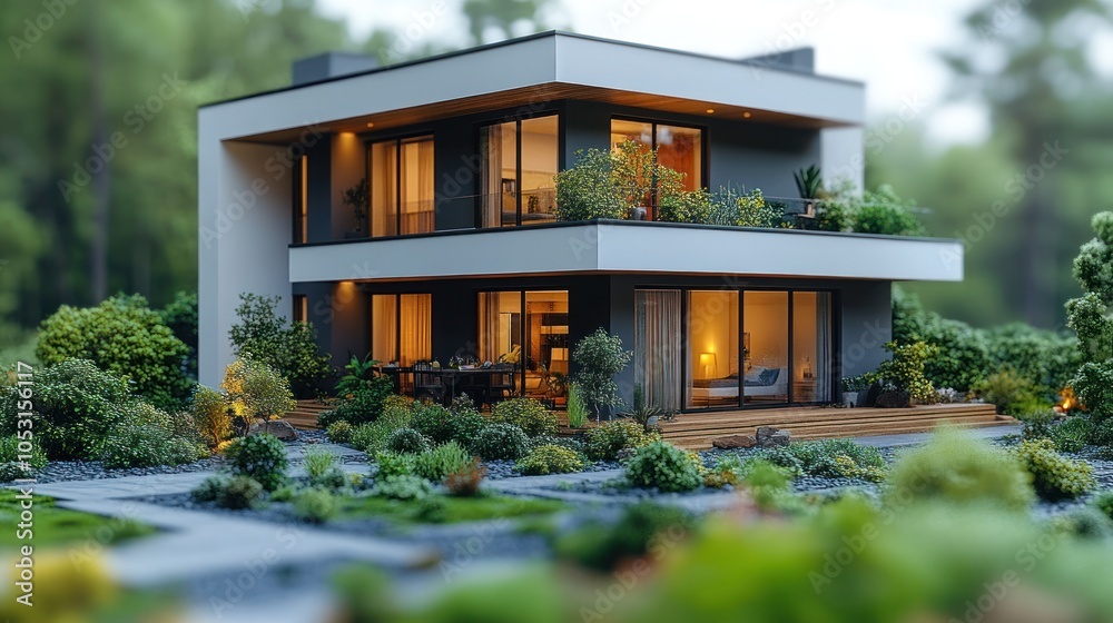 Fototapeta premium Modern two-story house surrounded by lush greenery and landscaping.