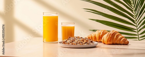 Morning business breakfast featuring granola, fresh juices, and croissants on a polished table in a sunny dining area balanced composition and warm light for a motivating start photo