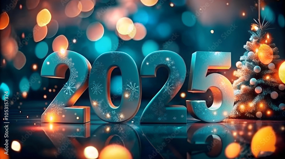 2025 New Year. 3D text numbers on festive background with new year holiday winter seasonal decorations. 2025 New Year. 3D text numbers on festive background with new year holiday winter seasonal decorations.