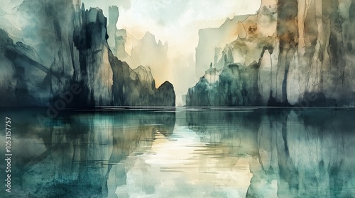Serene Fjord Landscape: Abstract Watercolor Painting of a Calm Fjord with Majestic Mountains. Tranquil teal and gold hues reflect in still waters. Perfect for home decor, meditation.