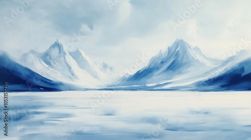 Wallpaper Mural Serene Blue Mountain Landscape:  A serene painting capturing the beauty of a snowy mountain range, with a cool blue palette evoking tranquility and wonder  Torontodigital.ca