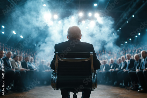 A leader addresses a captivated audience with dramatic lighting and smoke, creating a powerful atmosphere of influence. photo