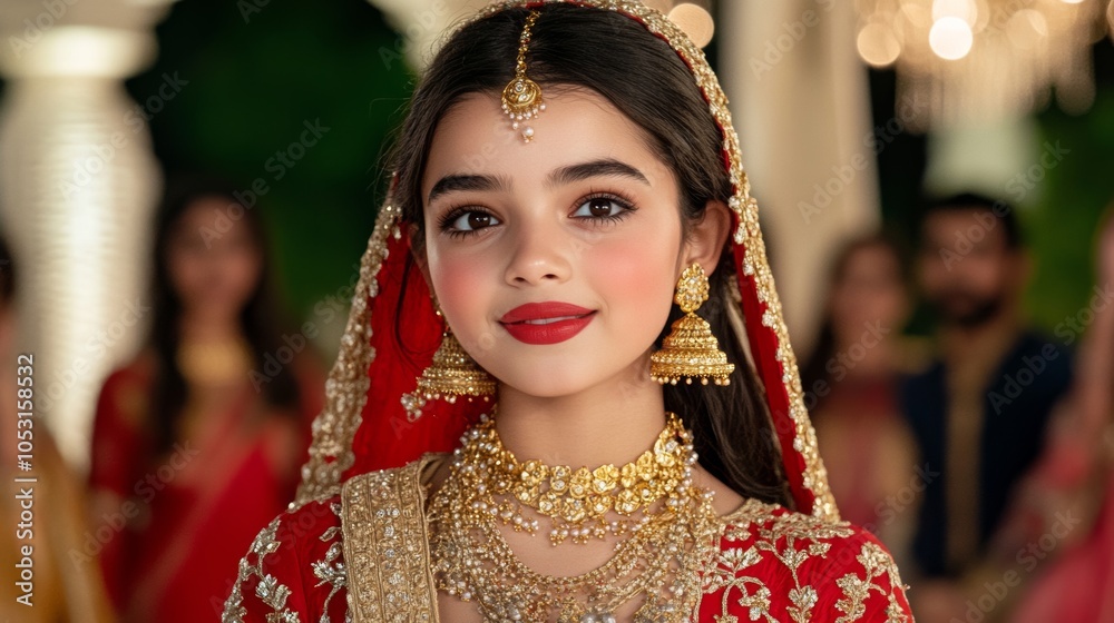 Obraz premium Indian Bride in Red Wedding Dress with Golden Jewelry and Makeup