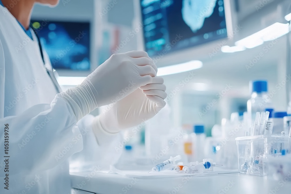 A medical professional prepares a syringe in a modern laboratory environment, showcasing precision and care in healthcare. A medical professional prepares a syringe in a modern laboratory environment, showcasing precision and care in healthcare.