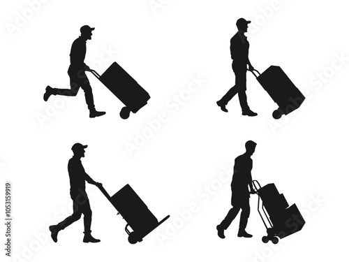 Delivery man silhouette vector. Silhouette of a delivery man pushing a cart with box. Mover pushing moving hand truck or dolly with boxes flat vector icon. vector silhouette on white background.