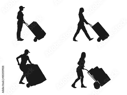 Delivery woman silhouette vector. Silhouette of a delivery woman pushing a cart with box. Mover pushing moving hand truck or dolly with boxes flat vector icon. vector silhouette on white background.