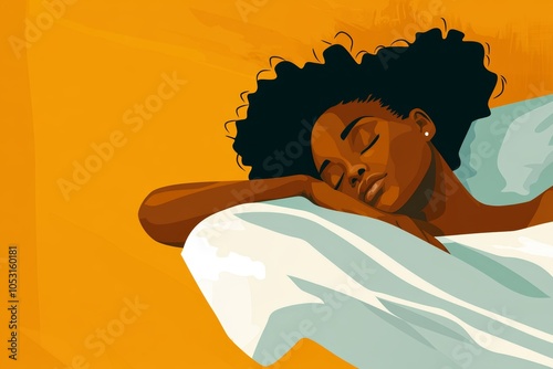 A woman with curly hair peacefully sleeps on a white pillow against a vivid orange background, capturing a moment of calm tranquility