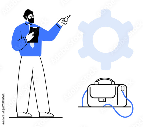 Man in blue shirt and white pants with clipboard pointing towards a large gear symbol and a nearby briefcase. Ideal for business presentations, teamwork, industrial concepts, project management