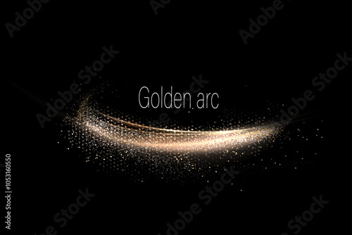 Shiny gold ribbon with small tinsel on black background, design component.