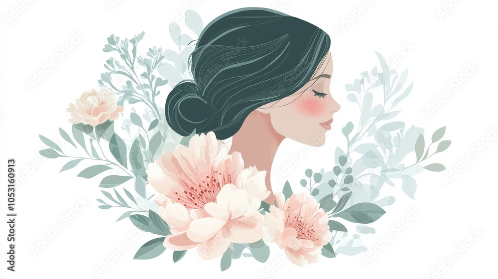 A woman with a flowery background. The woman is smiling and has a peaceful expression. The flowers are pink and green, and they are scattered throughout the background A woman with a flowery background. The woman is smiling and has a peaceful expression. The flowers are pink and green, and they are scattered throughout the background