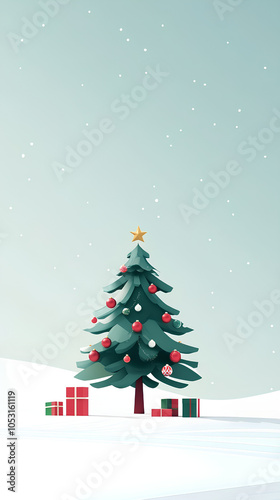 Minimalist Christmas tree scene with gifts, decorations, and plain background