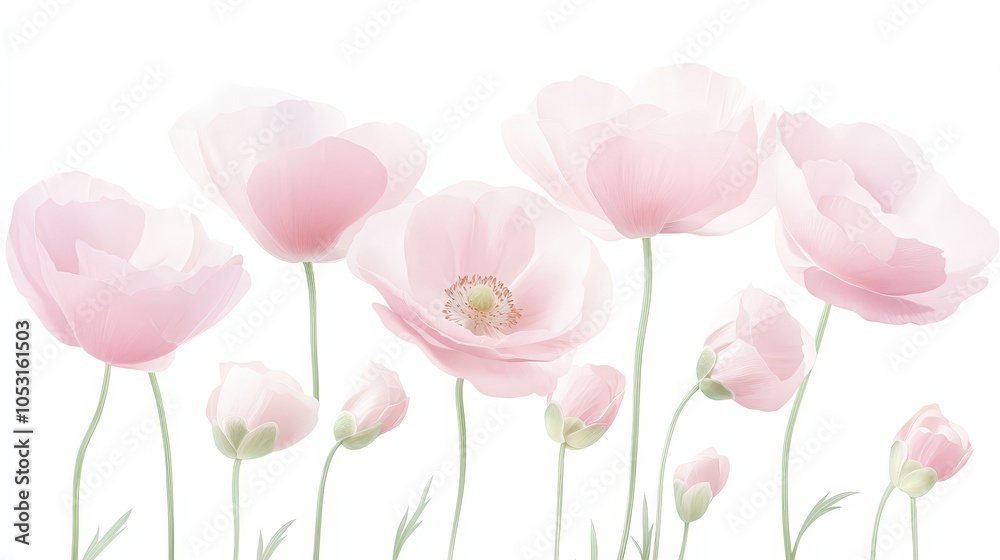 A row of pink flowers with a white background. The flowers are arranged in a way that they are all facing the same direction
