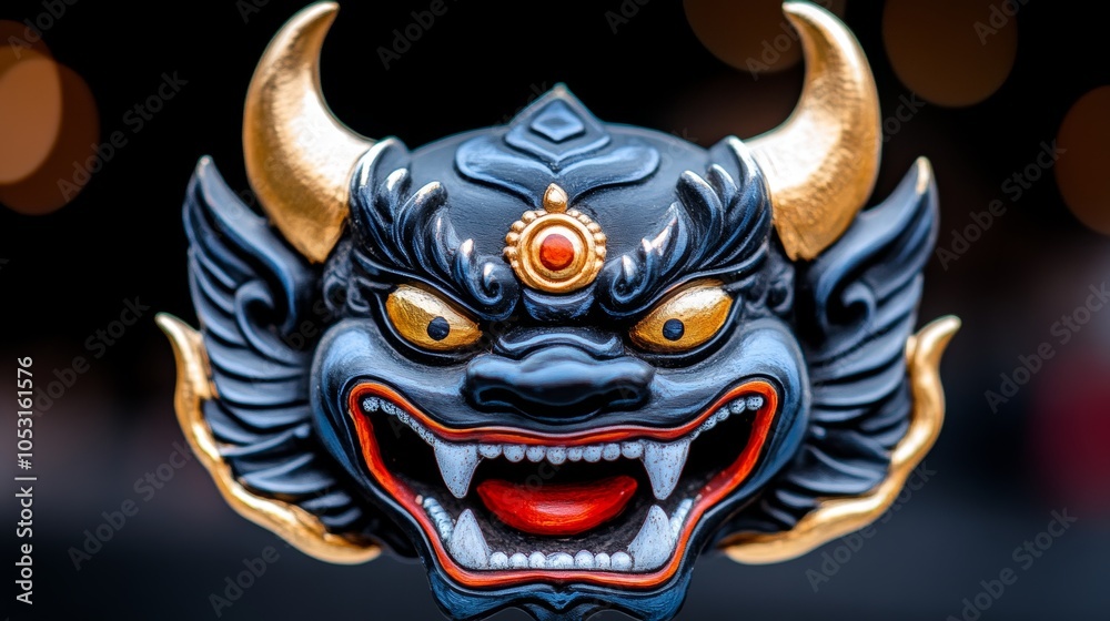 Fototapeta premium Japanese Demon Mask with Horns Gold Accents Close up