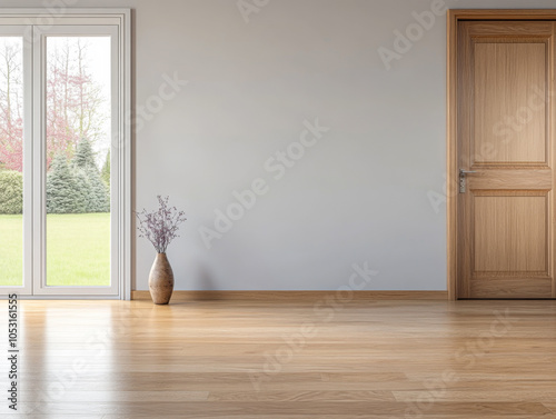 A bright and airy room with hardwood floors and a vase, revealing a garden view through the windows