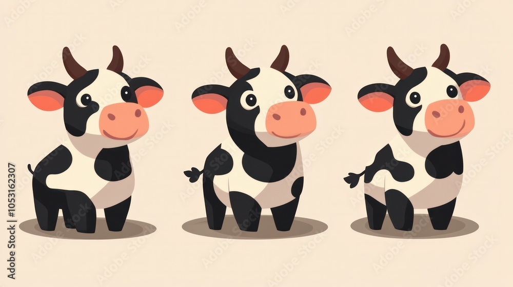 Obraz premium Minimalist cow character, flat design with round shapes and warm tones