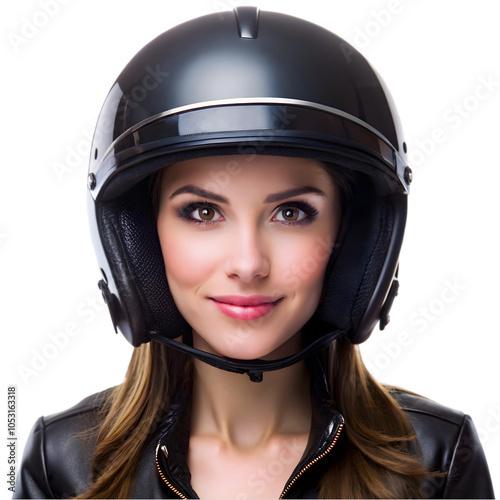 portrait of a beautiful young woman wearing a black helmet isolated on transparent background
