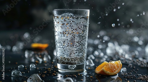 A glass of chia seed water with a few ice cubes and a slice of orange on the side