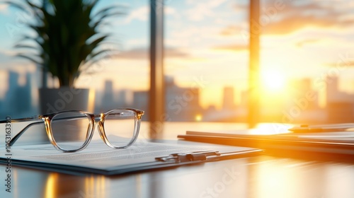 A peaceful workspace with glasses resting on a desk, illuminated by a warm sunrise, symbolizing focus and productivity. photo