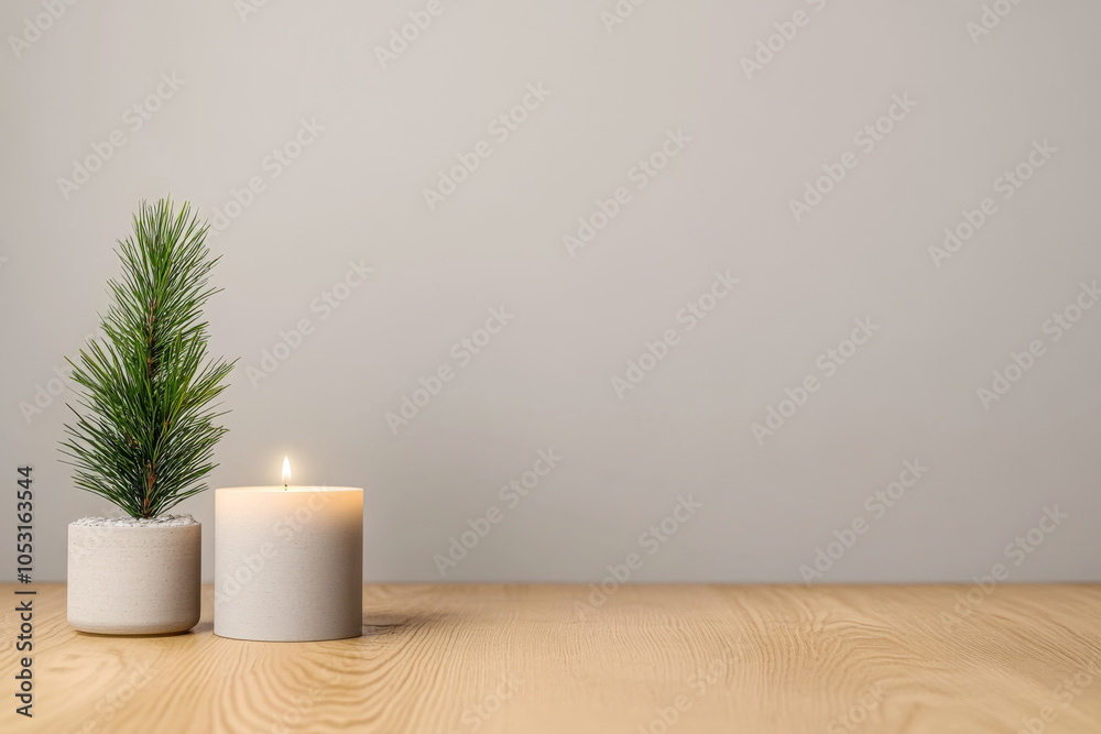 Decorative green plant and lit candle on a wooden table against a neutral background Decorative green plant and lit candle on a wooden table against a neutral background