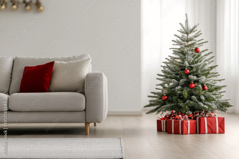 Cozy living room decorated for Christmas with a festive tree and colorful presents