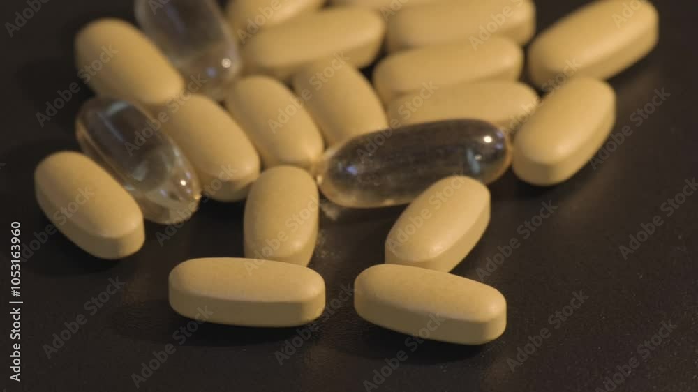 Slow motion of vitamins and Omega-3 capsules landing on a black table Slow motion of vitamins and Omega-3 capsules landing on a black table