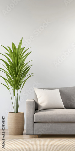 Modern living room with a gray sofa and a tall indoor plant in a minimalist setting