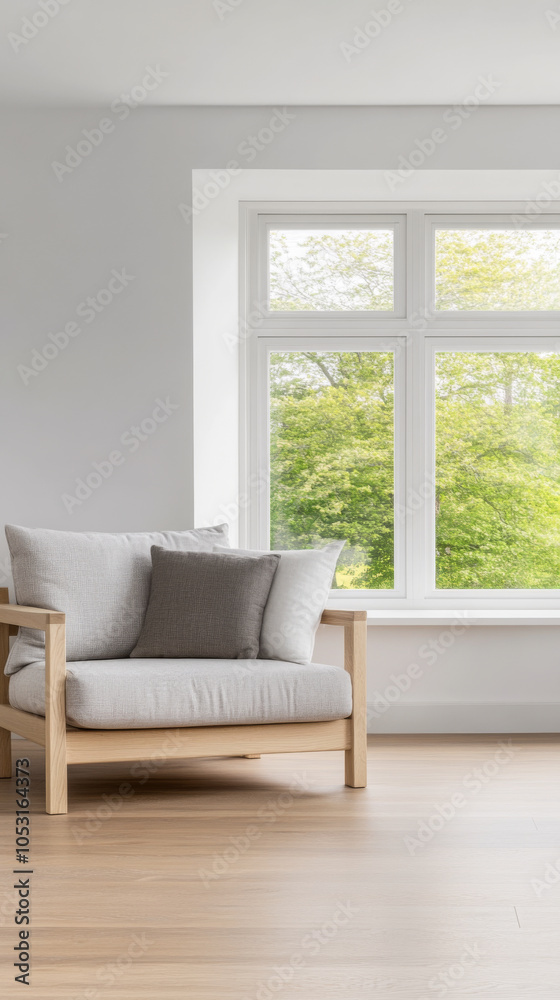 Bright and airy living room with a modern chair and large windows overlooking greenery Bright and airy living room with a modern chair and large windows overlooking greenery