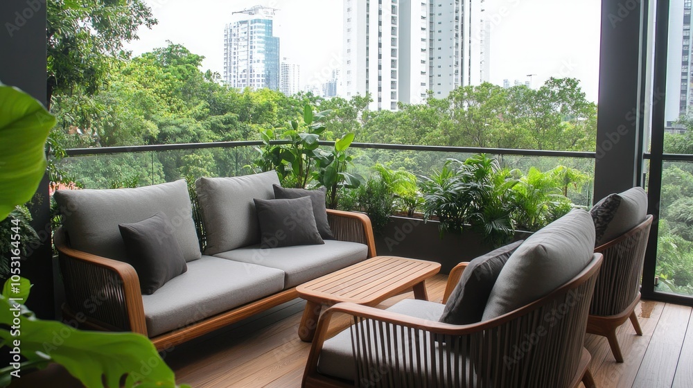 Fototapeta premium Luxurious balcony decor with contemporary furniture, soft textiles, and greenery, perfect for lounging or entertaining.