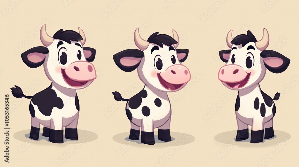 Playful cow character, standing and smiling in a simple illustration style Playful cow character, standing and smiling in a simple illustration style