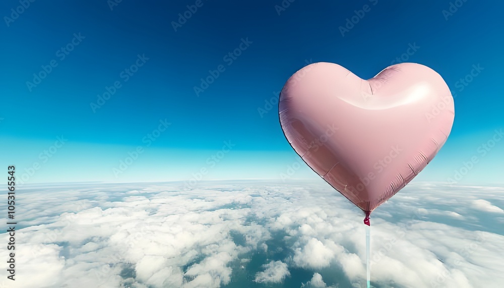 Fototapeta premium A heart-shaped balloon floats over fluffy clouds against a bright blue sky, evoking feelings of love and freedom.