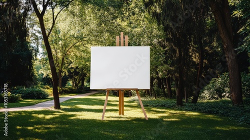 A horizontal large blank canvas mockup on an easel set in a lush green park, with winding pathways and tall trees providing shade, creating a peaceful backdrop for art workshops and creative gathering photo