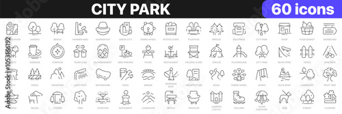 City park line icons collection. Forest, picnic, circus, arch, bench icons. UI icon set. Thin outline icons pack. Vector illustration EPS10