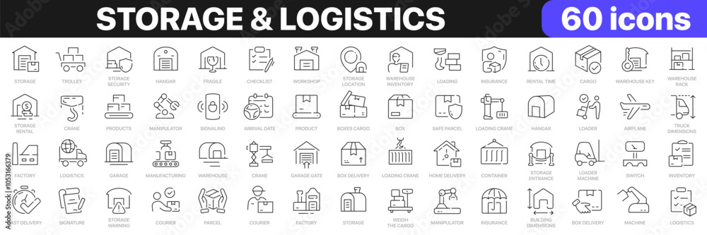 Storage and logistics line icons collection. Hangar, warehouse, delivery, container, garage, manufacturing icons. UI icon set. Thin outline icons pack. Vector illustration EPS10 Storage and logistics line icons collection. Hangar, warehouse, delivery, container, garage, manufacturing icons. UI icon set. Thin outline icons pack. Vector illustration EPS10