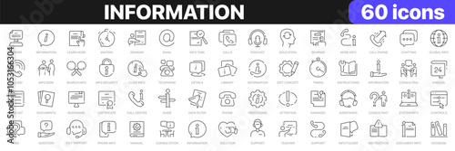 Information line icons collection. Support, calls, contact us, instruction icons. UI icon set. Thin outline icons pack. Vector illustration EPS10