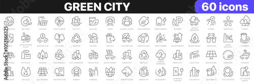 Green city line icons collection. Eco industry, wind turbine, green energy, organic icons. UI icon set. Thin outline icons pack. Vector illustration EPS10